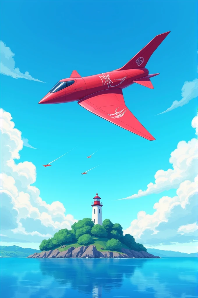 A red kite(not a bird) flying over the blue sky froman island with lighthouse
Make an anime style drawing