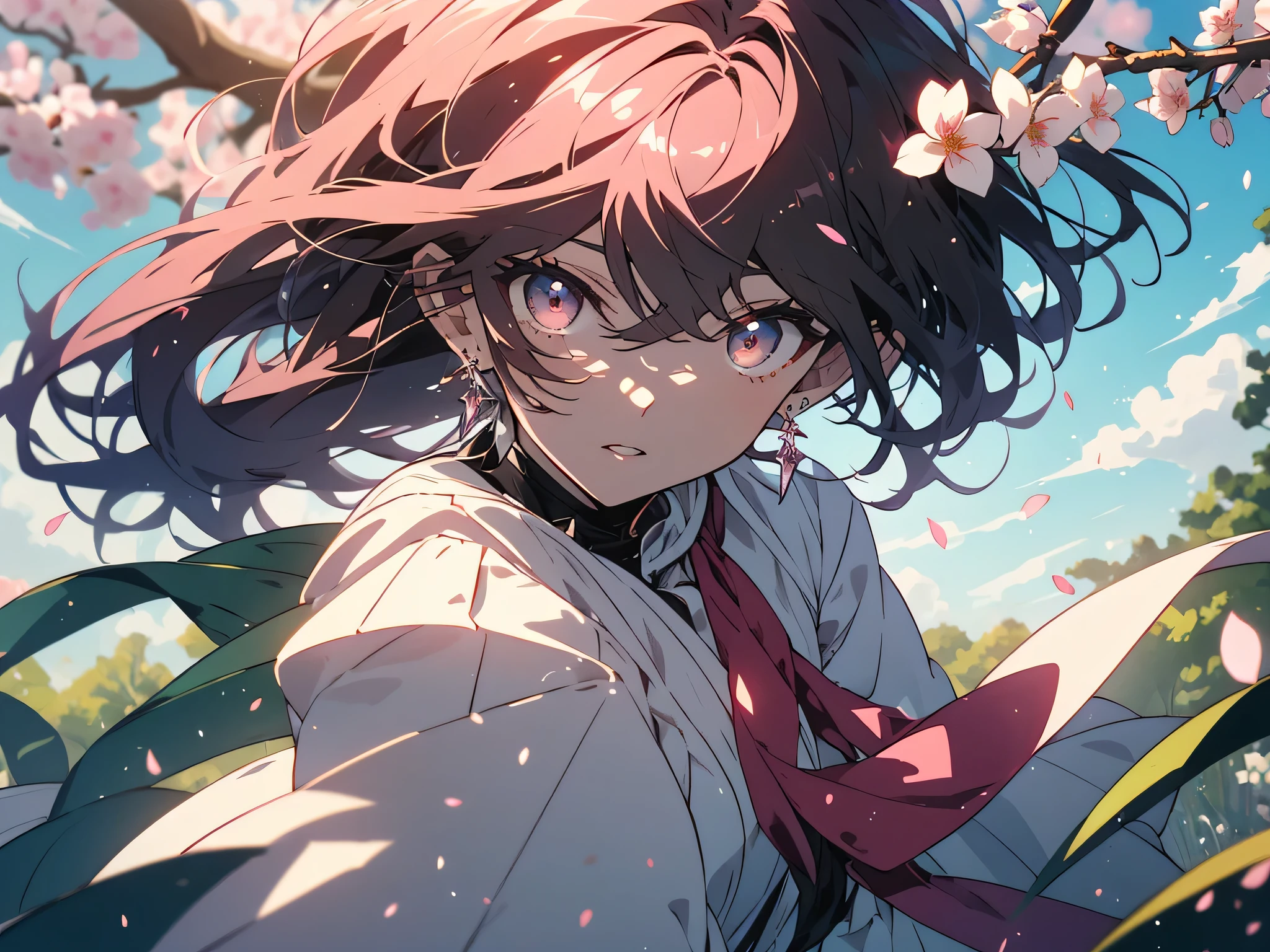 (masterpiece),(highest quality:1.0), (超High resolution:1.0), (Shining eyes、detailed美しい顔)、be familiar with illustration, 8K, anime, (1 boy),(casual dress、spring fashion)、(shirt with white ruffles、lime green pleated pant) 、beautiful anime, cute pose, cute face, be familiar with face, beautiful eyes, dark red eyes, be familiar with eyes, red lips, red lipstick, little brown hair, (pink flowers in ears,earrings)、 (white ankle short boots)、hair highlights, Are standing, Cherry blossoms are blooming on the tree behind me, blue sky with clouds, be familiar with, Complex, anime style, highly be familiar with、(whole body)、(highest quality、masterpiece、High resolution、detailed)、(美しいanime)