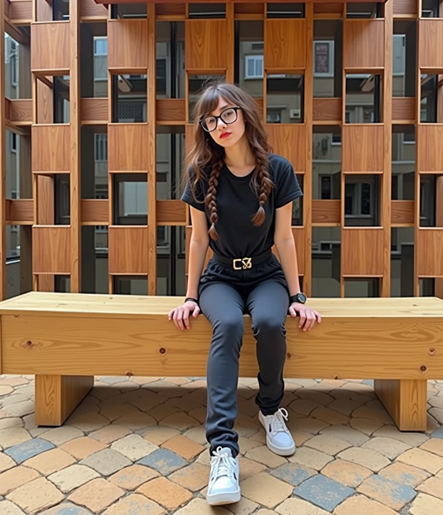 A girl, black fur, Glasses, cyberpunk, alone, high waistband, small bust, woman with braided brown hair, Sophisticated young woman, White T-shirt, black school shirt, sexy appearance