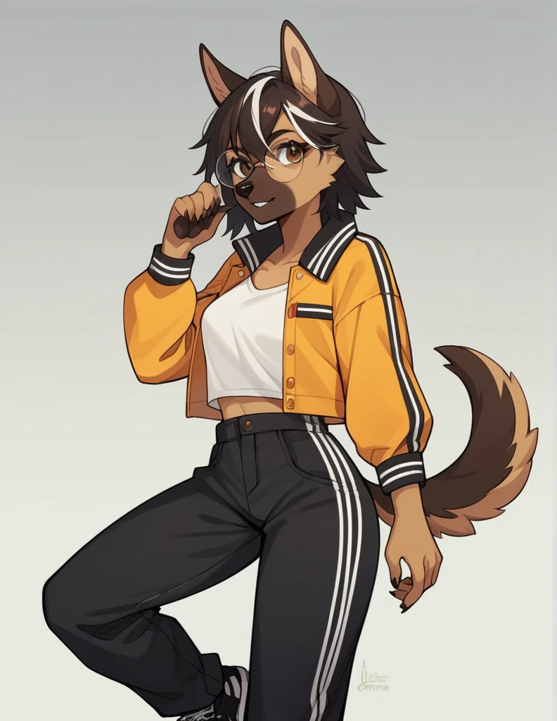 solo, score_9, score_8_up, score_7_up, score_6_up, score_5_up, source_anime, score_4_up, German Shepherd Anthro, Female One, perfectbody, Medium chest, chestnut hair, white streak in bangs, brown dark eyes, cropped preto, elongated fur-lined jacket, baggy pants (black pants), looking at the viewer, round glasses (white glasses), black sneakers (brown sneaker sole)