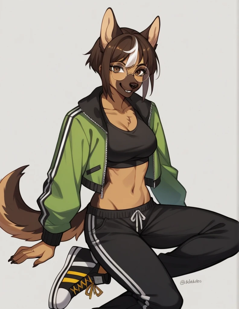 solo, score_9, score_8_up, score_7_up, score_6_up, score_5_up, source_anime, score_4_up, German Shepherd Anthro, Female One, perfectbody, Medium chest, chestnut hair, white streak in bangs, brown dark eyes, cropped preto, elongated fur-lined jacket, baggy pants (black pants), looking at the viewer, round glasses (white glasses), black sneakers (brown sneaker sole)