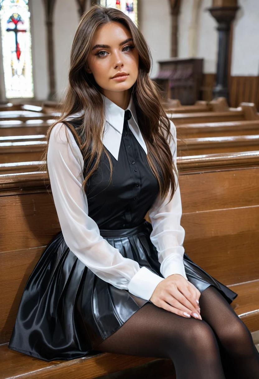 young brunette woman, beautiful eyes. long brown hair. Shirt made of shiny white satin and a black pleated skirt, Tights, 项链, transparent lip gloss, narrow building, Nice, 2, Full body photo, long legs, Satin top, Sitting in a church and looking around, the bait, looks stunning. is enthusiastic
