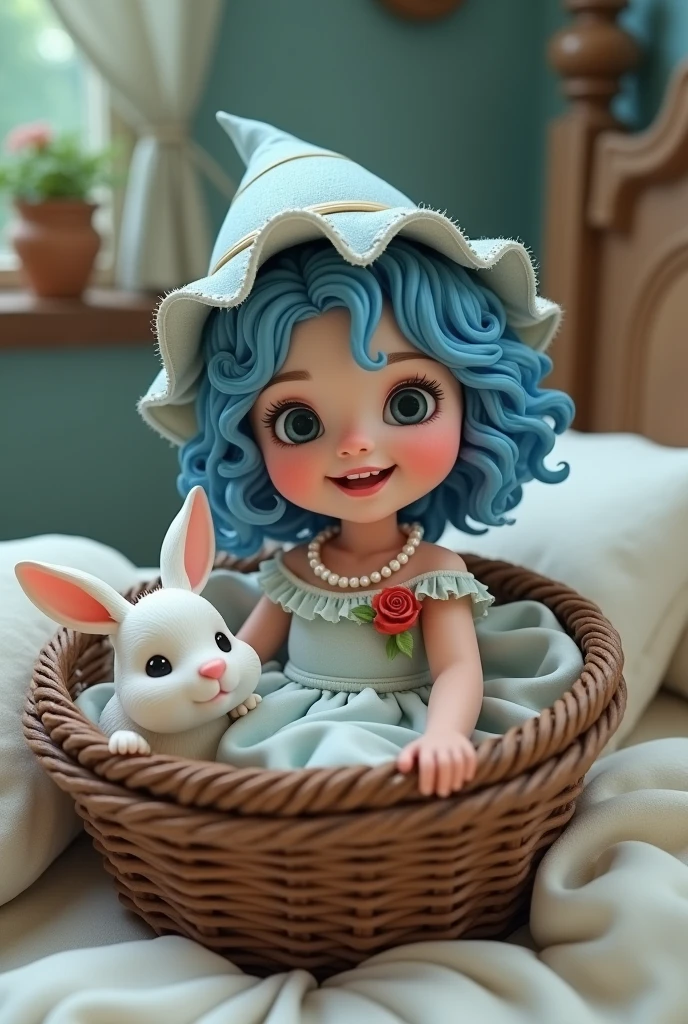 Baby Girl  blue hatand  blue curly hair girl
With a very smiling and happy lip
With an old basket with a white rabbit in it
With a white princess dress and
A pearl necklace with a red rose
inside the bed
3D style 