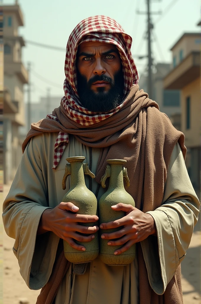 A phychopath arab terrorists wearing islam clothes holding plant grenades. His clothes should look worn out 