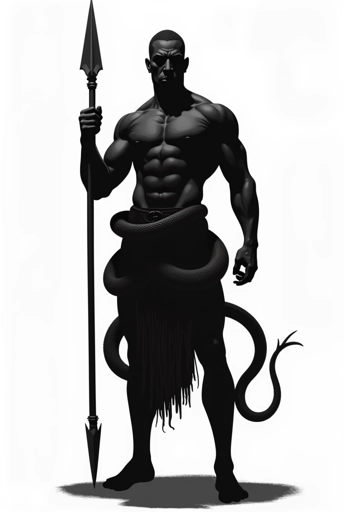 African Tribal African Man Silhouette , strong with spear in hand, wrapped in a snake, white background