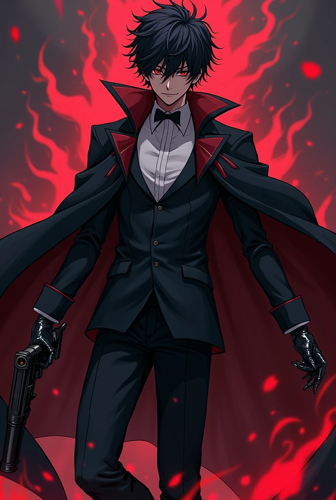 Clear! Here is a description of what the character could look like in anime style: 1. **hair**: I might have dark, messy hair, with pointed tips resembling flames or shadows, giving it a dynamic and powerful look. 2. **CLOTHES**: He would wear a long, dark cloak, maybe with red details, that floats dramatically around him. stylized in the shoulders and arms. 3. **Accessories**: I could wear a pair of gloves with shiny details, and maybe a mask that covers part of your face, adding a mysterious air. 4. **Posture**: I would be in an action pose, with arms outstretched, as if he were invoking power or controlling dark elements. 5. **bottom**: A dark background or red and black tones, that highlights the contrast with the character, giving a feeling of intensity and strength. He is a boy wearing a tuxedo-type suit and has a gun in his hand with dark glasses.