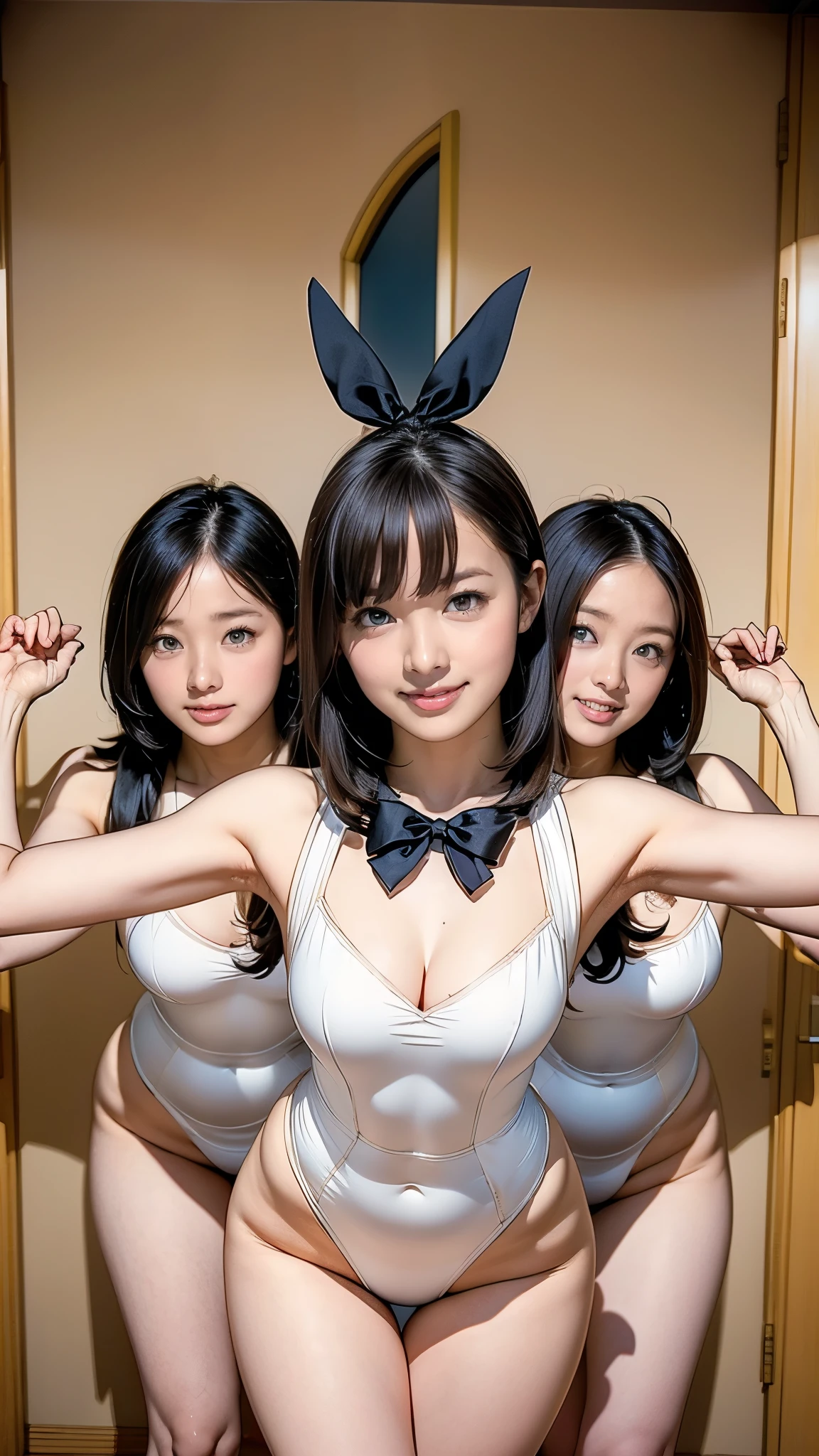 Three cute women. Their costumes are super sexy, with a white base. The camera angle is a full shot, covering the whole body from head to toe. The background is shining with unrealistic light patterns.