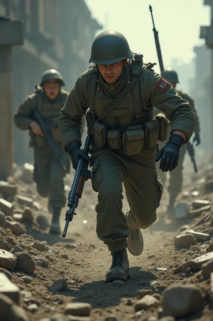 A soldier with a bayonet, represented in a threatening manner, while the character flees, showing fear and tension.
