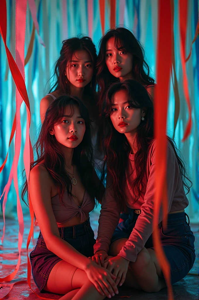 I'm taking photos for a new concept album. Create a concept photo of a girl group posing with messy and tangled ribbons