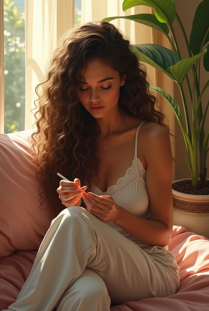 (photorealism:1.2), beautiful woman, sitting on bed, painting her nails ,
wearing top, pajama pants, long curly hair, indoors, soft lighting, plants in background, window with sunlight, cozy room, relaxed pose, realistic, intricate details, warm colors, by Greg Rutkowski, by Alphonse Mucha