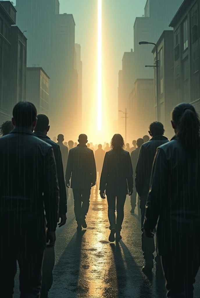 photo of people walking towards the light and those who are standing are in the rain getting wet