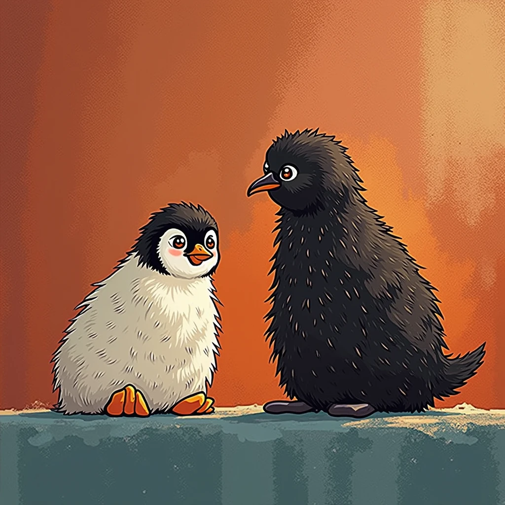 Draw a cartoon super fat emperor penguin baby, the penguin baby should be cute
