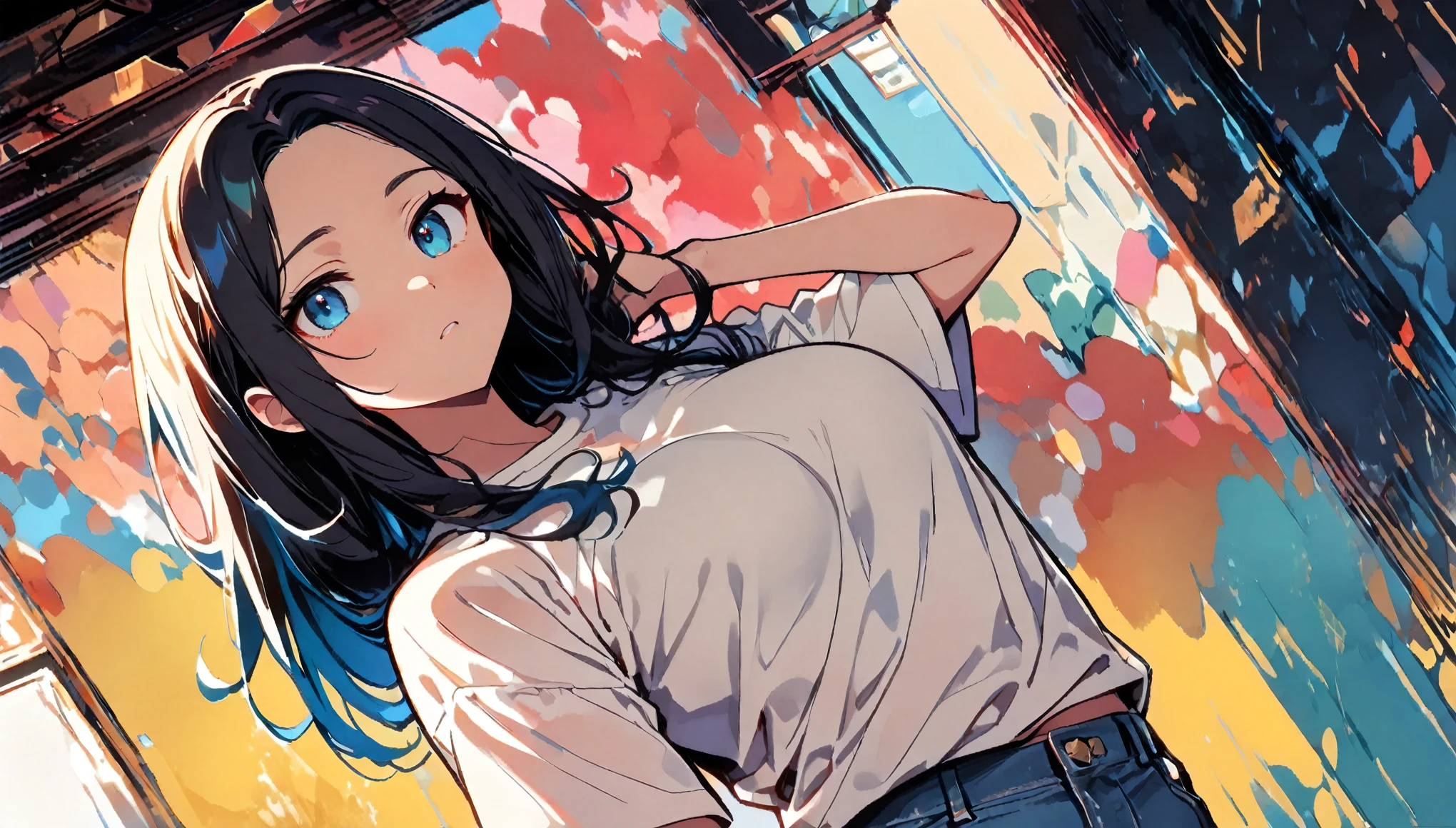 (high quality, 8k, 4K, High Contrast, masterpiece:1.2, 最high quality, Best aesthetics), (Dynamic Angle), ((1 female teen)), ((Plain and bright background)), ((Flat Color)),(Plain white T-shirt on the upper body), (jeans), Looking at the audience, Upper Body, Transparent Background, Sleepy eyes, High Contrast, Contrasting colors, Cowboy Shot, Pale pink and blue lighting, Long Hair, ((Tied Hair)) , Light blue hair, Small star-shaped earrings in both ears, watch, bright eyeshadow, Cool look, Blowing bubbles, Big Tits,Her bra is slightly visible through her T-shirt