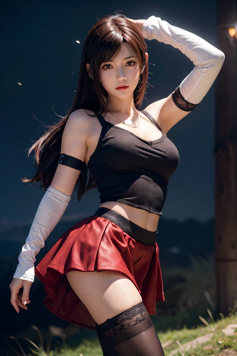Tifa Lockhart, wallpaper, landscape, Depth of written boundary, night, Particles of light, light, Side lighting, Thighs, skirt, Red eyes, Brown Hair, Thigh-high socks, Arm Sleeves,High Kick,lingerie
