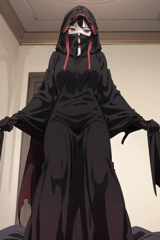 NNAssassinFSF, 1girl, solo, black hair, red eyes, long cape sleeves, sleeves covered hands, long skirt, no hands, dress, long cape, cape, black cloak, hood up, black robe, covered mouth, white gloves, hooded cloak, ((masterpiece, best quality)) rooms, bedroom, from below, hands covered mouth 