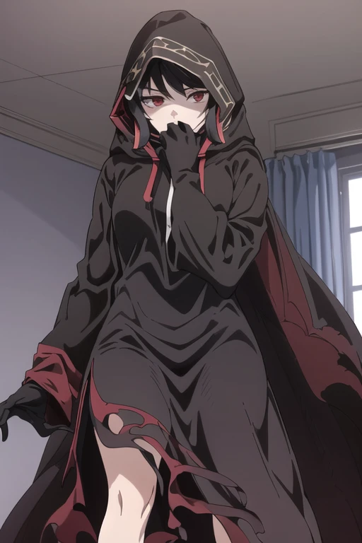 NNAssassinFSF, 1girl, solo, black hair, red eyes, long cape sleeves, sleeves covered hands, long skirt, no hands, dress, long cape, cape, black cloak, hood up, black robe, covered mouth, white gloves, hooded cloak, ((masterpiece, best quality)) rooms, bedroom, from below, hands covered mouth 