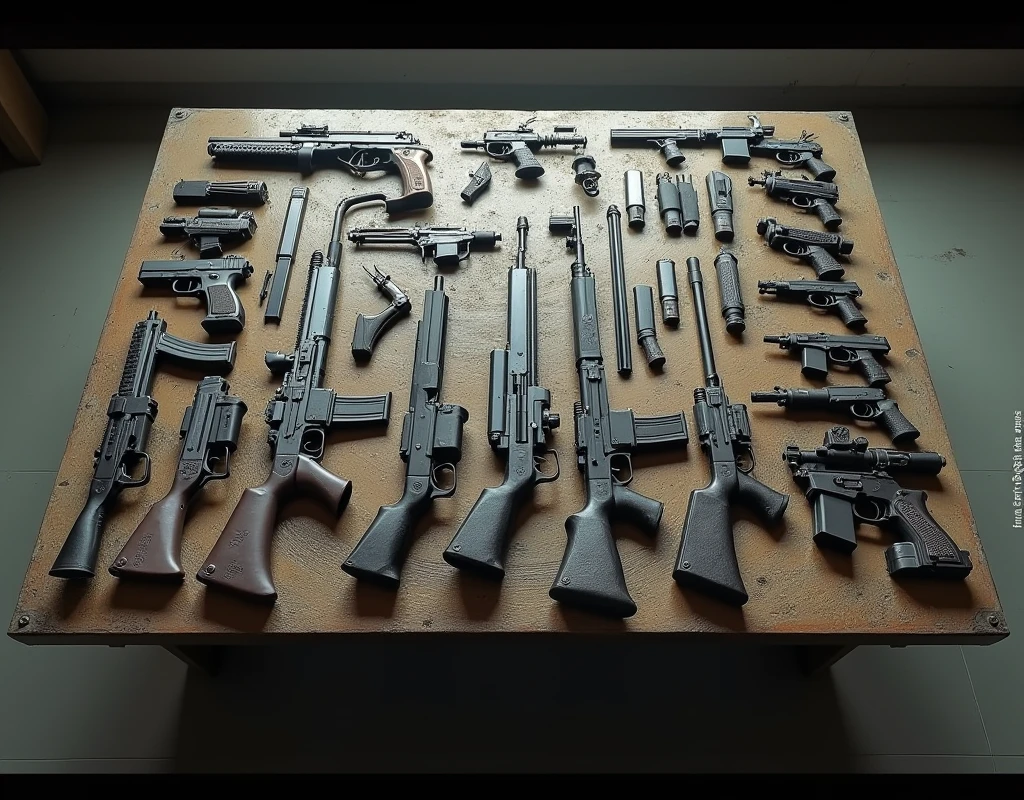 Plusieurs armes posées sur une table