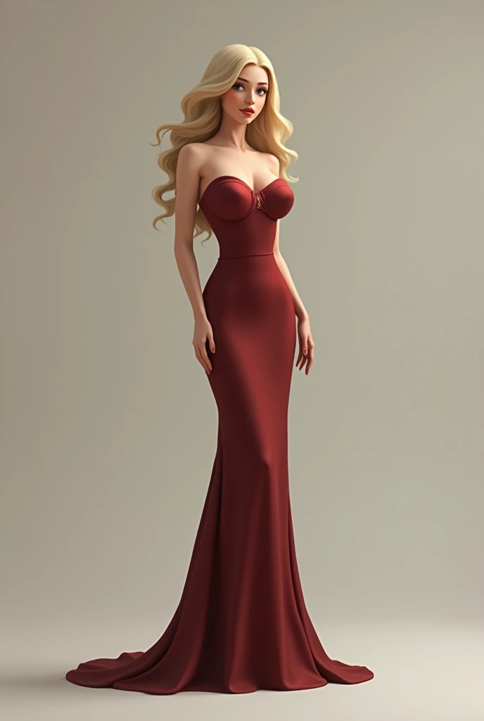 Full-body image of the same slim blonde woman with large breasts, standing elegantly in a formal dress, her long hair flowing down her back