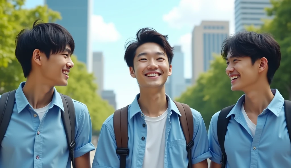 Three male Japanese university students with short hair wearing fashionable light blue shirts and traveling are walking and talking to each other with bright expressions,Excited, Photo of your face, Beautiful city background, with a natural look, With a slightly tired look, tilt your face a little, Diagonal orientation, Average face