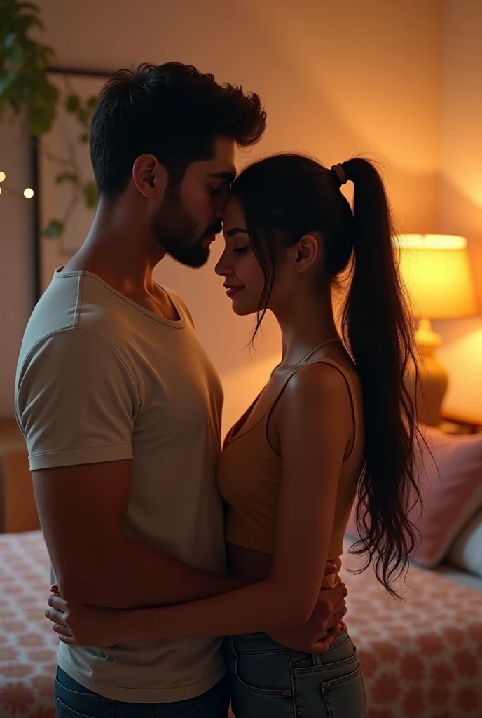 Create a image of a 25 year old indian girl in a room long black silky hair in high ponytailstyle her 24 year old boyfriend kissing her neck from back