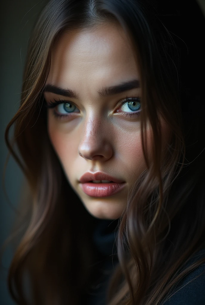 Close-up portrait of the same woman with long, sleek hair and full lips, looking serious but calm, her bright blue eyes gazing directly at the camera.