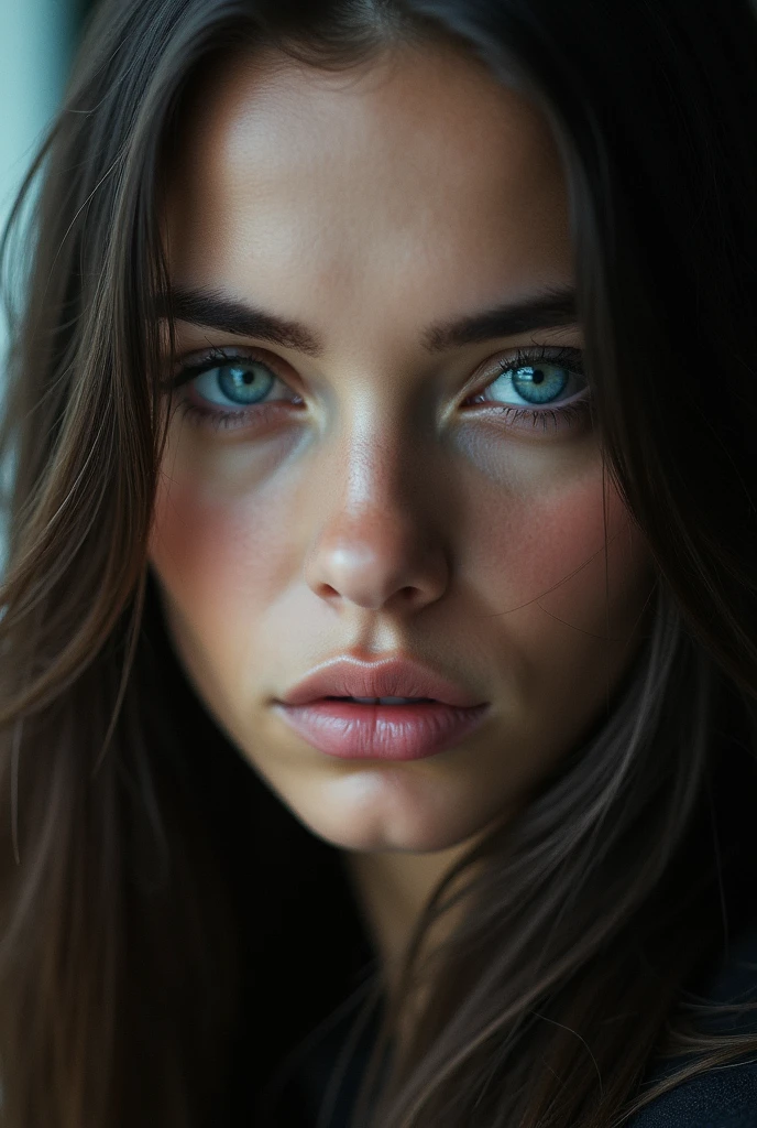 Close-up portrait of the same woman with long, sleek hair and full lips, looking serious but calm, her bright blue eyes gazing directly at the camera.