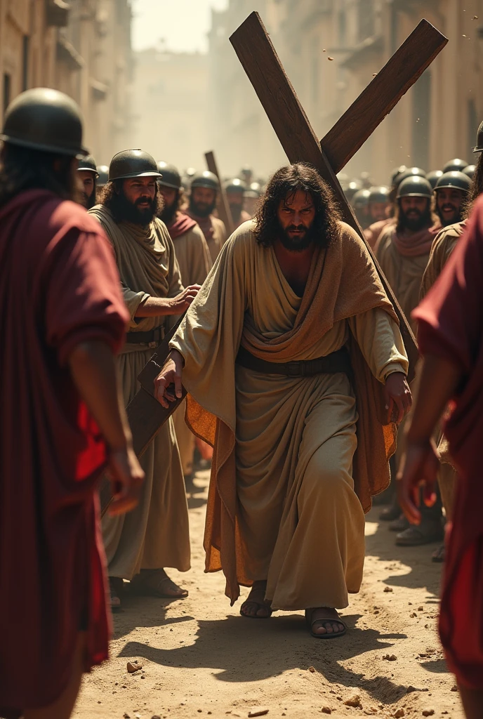 As Jesus stumbled and fell to the ground for the first time, He clutched the cross tightly with one hand while the other reached out to steady Himself against the rough, cobbled street. The weight of the cross and His physical exhaustion made the fall inevitable. Roman soldiers, with faces hardened by their duty, pressed in around Him. They kicked and prodded Him with their boots, urging Him to rise and continue despite His evident struggle. The crowd, packed tightly around the scene, reacted with a mix of jeers and gasps. Some onlookers watched with pity, while others derided Him, contributing to the overwhelming atmosphere of mockery and cruelty. Dust and debris swirled around in the chaos, adding to the grim spectacle of His suffering. Despite the harsh treatment, Jesus's expression remained one of steadfast resolve, reflecting His unyielding commitment to His path.