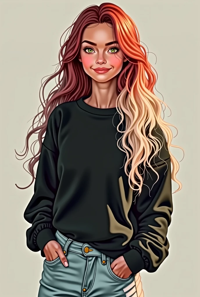 A 20-year-old woman as if she were a digital art smiling without showing her teeth with light green eyes with long curly red and white hair all mixed with a black sweater and loose light jeans covering a little of her white adidas sneakers I want her whole body to appear