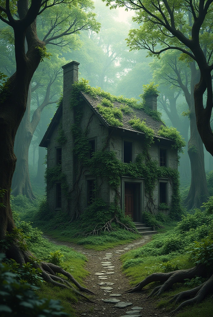 Abandoned and destroyed house in the middle of the forest, without doors or windows, roots that grew through the walls due to time