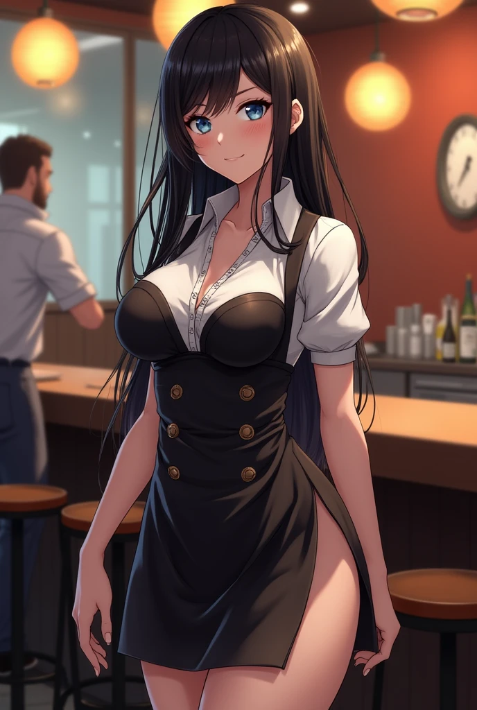 Girl with long hair, black in color, blue colored eyes. with big breasts, slim with hips and ass, no belly. dressed as a waitress