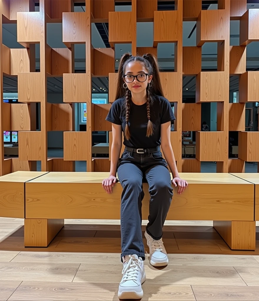 A girl, black fur, Glasses, cyberpunk, alone, high waistband, small bust, woman with braided brown hair, Sophisticated young woman, White T-shirt, black school shirt, sexy appearance