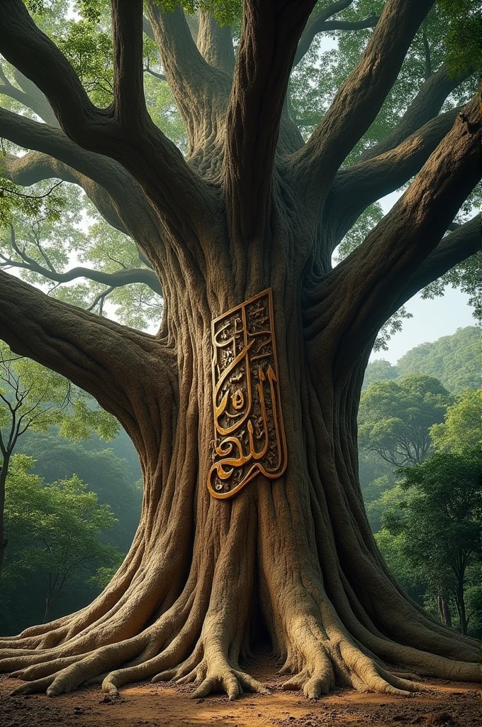 In a very big banyan tree, Allah is carved in the wood color. It is written in Arabic.