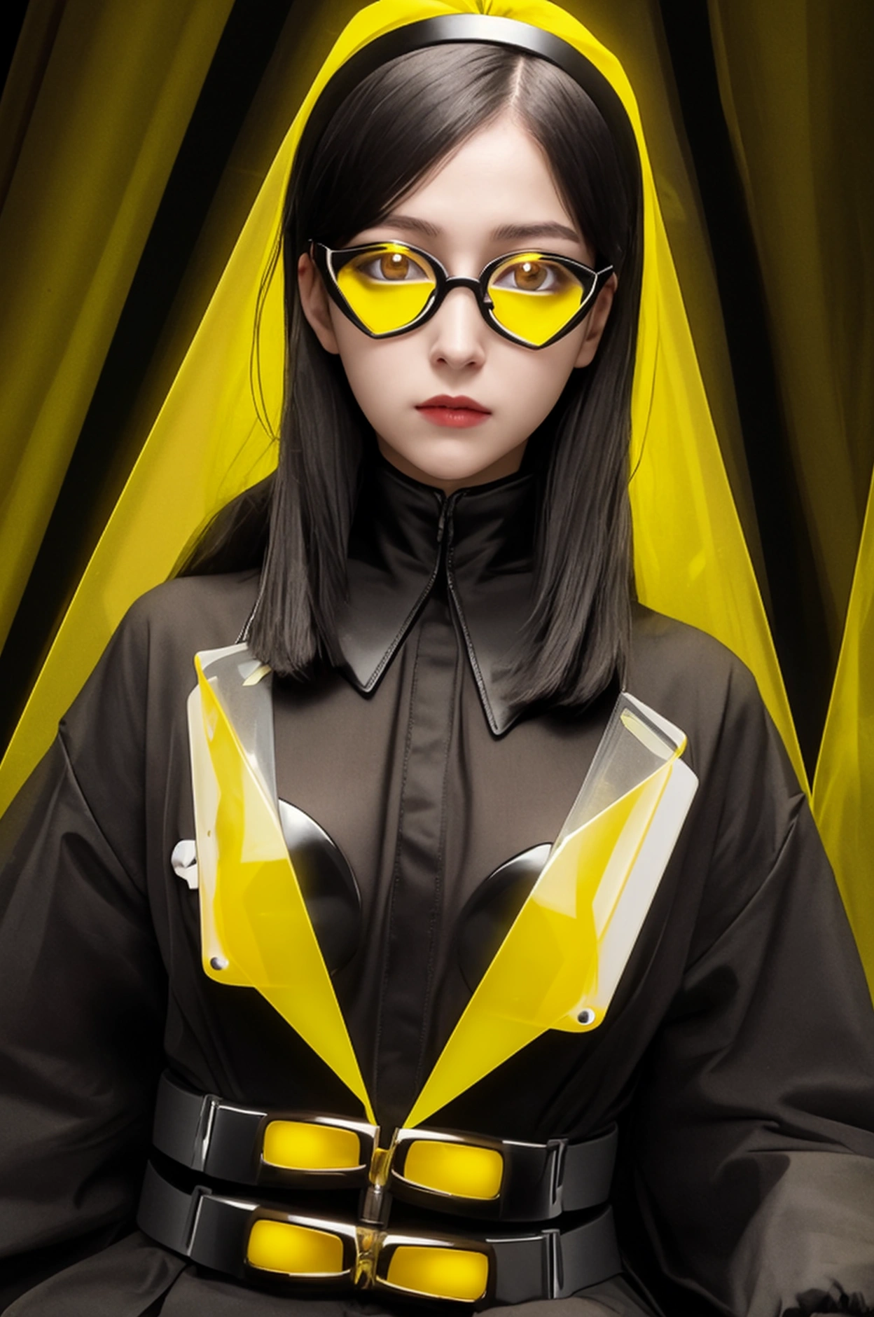 woman GLASSES with black frame YELLOW hero, DARK glue , YELLOW TRIANGLE on the chest, ARTPOP gas mask