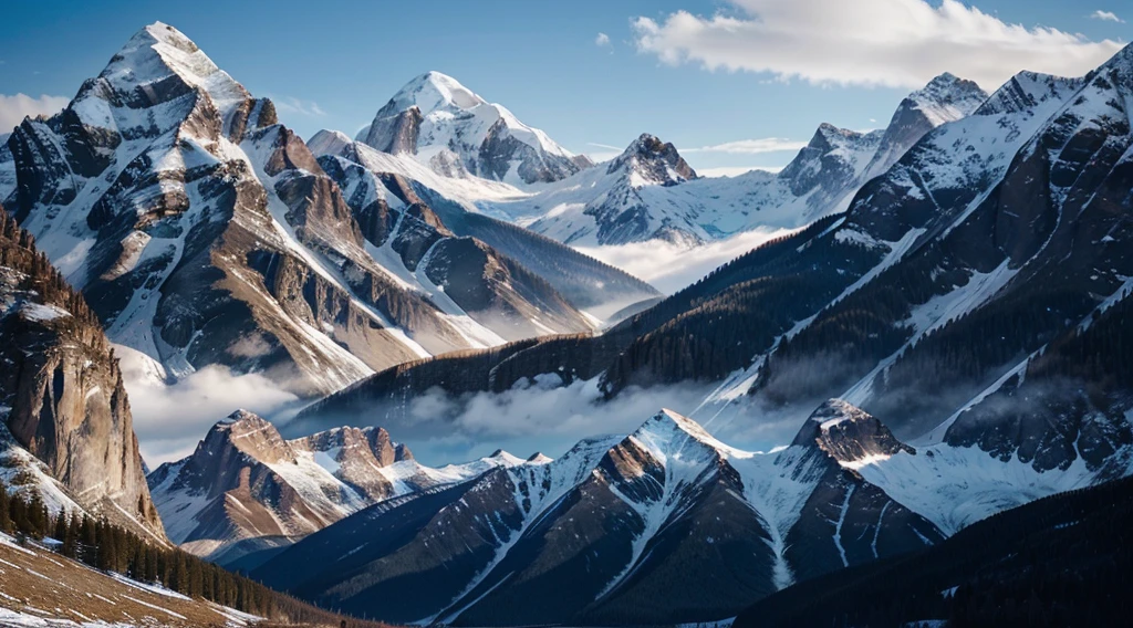 Design an album cover titled "The Mountains." The central image should depict a woman praying in front of a majestic mountain landscape. The scene should convey serenity and grandeur, with soft blue tones dominating the palette.