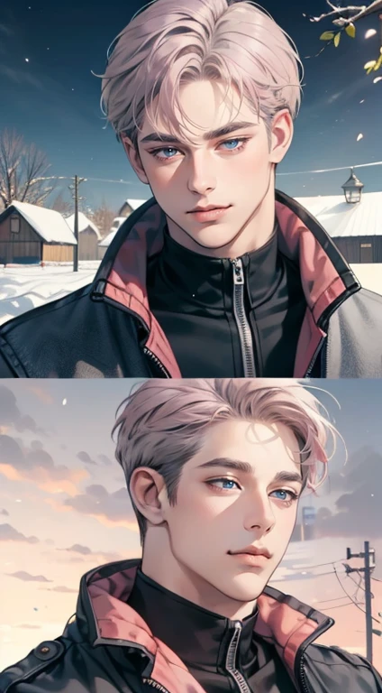 masterpiece, best quality, realistic, 1man, mature male, quiet and charming man, 3, close his eyes, expression smile in love, closed mouth, extremely detailed face, cold, ((dark grey blue eyes)), ((short-right-swept dark grey pink hair)), [thick eyebrows], ((hunter)), accurate, detailed, ((town))