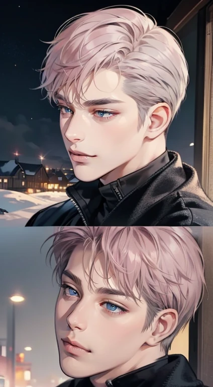 masterpiece, best quality, realistic, 1man, mature male, quiet and charming man, 3, close his eyes, expression smile in love, closed mouth, extremely detailed face, cold, ((dark grey blue eyes)), ((short-right-swept dark grey pink hair)), [thick eyebrows], ((hunter)), accurate, detailed, ((town))
