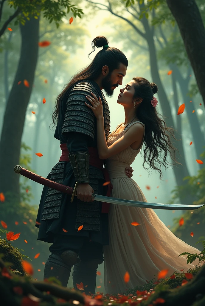 Couple, samurai, fighting, man piercing woman with his sword,wounded woman, Kissing, forest background, with falling eyes, realism, realism,  highly detalied --ar 24:37 --stylize 750 --v 6