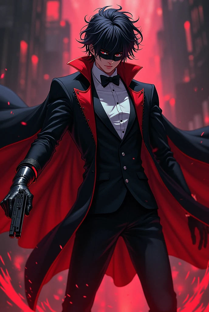 Clear! Here is a description of what the character could look like in anime style: 1. **hair**: I might have dark, messy hair, with pointed tips resembling flames or shadows, giving it a dynamic and powerful look. 2. **CLOTHES**: He would wear a long, dark cloak, maybe with red details, that floats dramatically around him. stylized in the shoulders and arms. 3. **Accessories**: I could wear a pair of gloves with shiny details, and maybe a mask that covers part of your face, adding a mysterious air. 4. **Posture**: I would be in an action pose, with arms outstretched, as if he were invoking power or controlling dark elements. 5. **bottom**: A dark background or red and black tones, that highlights the contrast with the character, giving a feeling of intensity and strength. He is a boy wearing a tuxedo-type suit and has a gun in his hand with dark glasses.