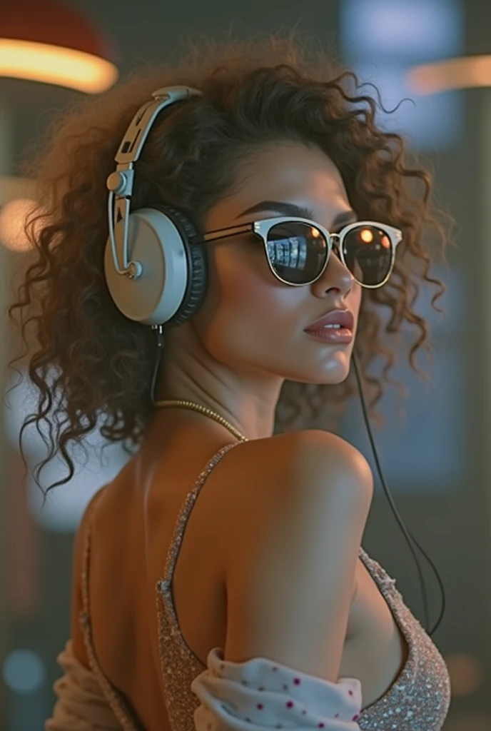 a beautiful sexy woman with curly brown hair,sunglasses,wearing large headphones,in a dark room with neon cyberpunk lighting,neon glow,ultra-detailed,realistic,photorealistic,masterpiece,8k,HDR,studio lighting,physically-based rendering,sharp focus,vivid colors,concept art
