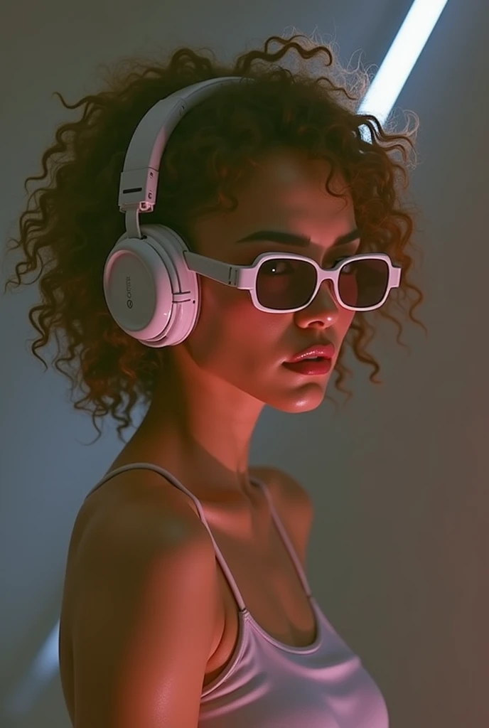 a beautiful sexy woman with curly brown hair,sunglasses,wearing large headphones,in a dark room with neon cyberpunk lighting,neon glow,ultra-detailed,realistic,photorealistic,masterpiece,8k,HDR,studio lighting,physically-based rendering,sharp focus,vivid colors,concept art