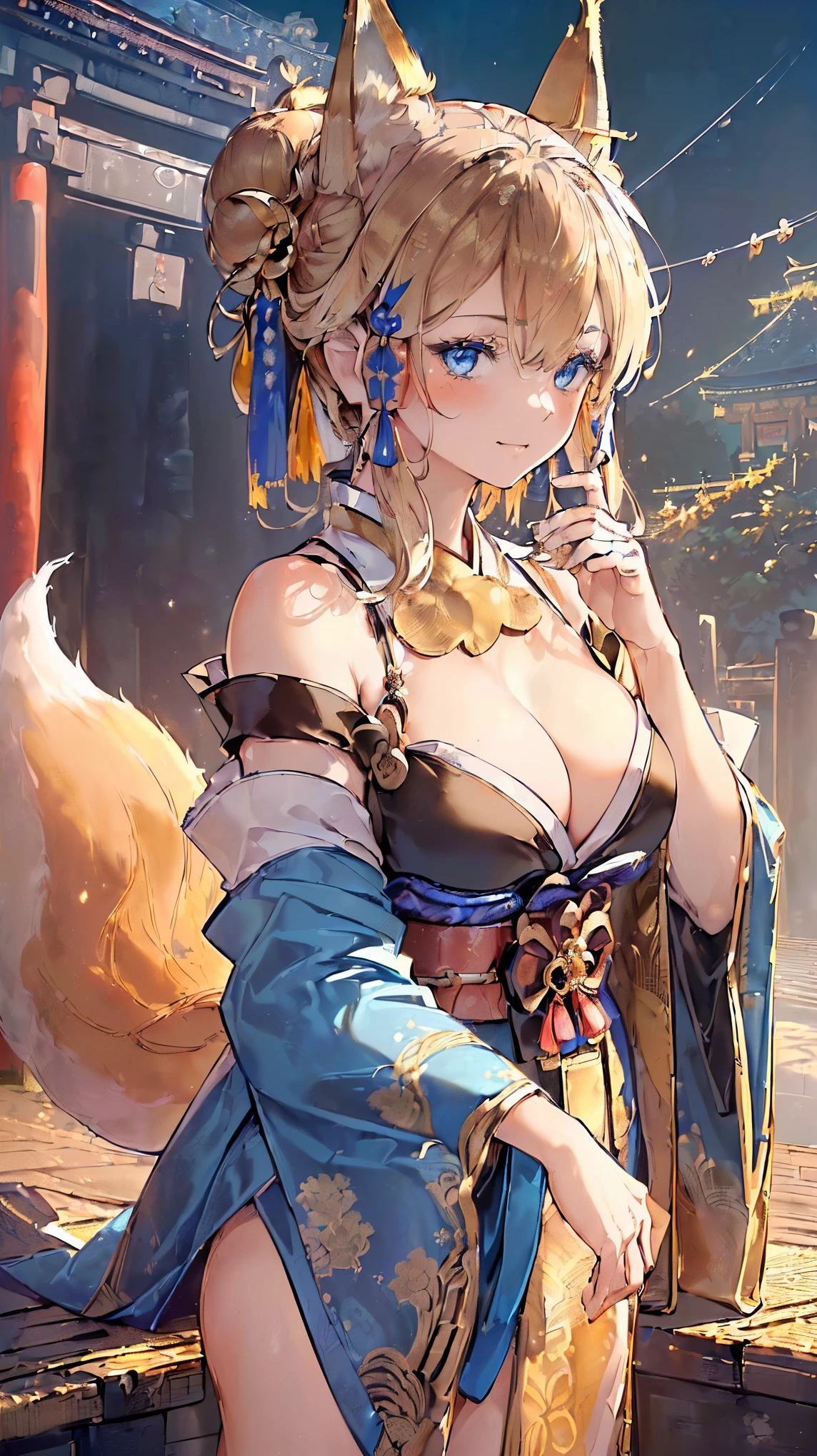 (((Masterpiece))), (((Highest quality))), ((Ultra-detailed)), ((Super fine illustration)), ((Ultra-fine painting)), ((16K highest quality wallpaper:1.4), (Upper body:1.6), (From front:1.4), HDR, (Highly detailed and delicate illustration style:1.8), Detailed skin texture, Detailed cloth texture, Extreme detailed description, (T-masterpiece), (Highly detailed face:1.4), (Highly beautiful and detailed Golden-brown fox ears:1.4), (Highly beautiful and detailed Golden-brown half-updo:1.4), (Highly beautiful and detailed blue eyes:1.4), Original, RAW photo, Professional, Intricate details, Super details, (Perfect anatomy:1.4), Highly detailed hands, Highly detailed fingers, Highly detailed fingertips, (27-years-old), Real, (Solo:1.6), (A very beautiful and attractive (fox:1.4) female fashion model who is a messenger of God and a traditional Japanese sacred shrine maiden:1.4))
BRAKE
((Beautiful and adorable Golden-brown fox ears:1.6), (Highly detailed and delicate Golden-brown fox ears:1.4), (Beautiful and well-shaped big breasts:1.2), Beautiful and well-shaped buttocks, (Beautiful and shiny Golden-brown half-updo:1.2), (Highly detailed and delicate Golden-brown half-updo:1.2), (Beautiful clear blue eyes that shine with great detail:1.6), (Highly detailed and delicate blue eyes:1.2), (Highly detailed face:1.4), (Smile:1.5), (Blush:1.3), (Looking at viewer:1.4), (Celebration:1.4))
BRAKE
(((Brightly gold and black colored) and divine traditional Off-the-shoulder and cleavage shrine maiden costumes at Japanese shrines:1.4), (Japanese divine traditional Off-the-shoulder and cleavage costume:1.2)) BRAKE
(((Just after noon:1.4), (Celebration:1.4), (Highly beautiful and detailed Ise Grand Shrine in Mie Prefecture just after noon in the background:1.6), Ise Grand Shrine:1.2, Highly beautiful in the sunny sky background just after noon:1.2))
BRAKE