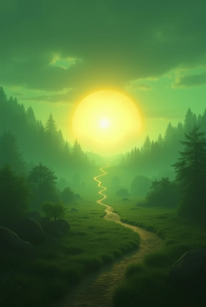 Realistic green image of the sun rising in the west and setting in the east with signs indicating which is west and which is east.