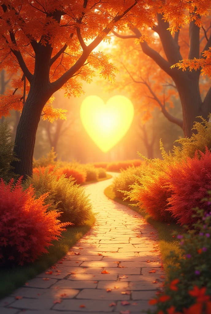 A realistic illustration of a serene autumnal path bordered by bushes with golden and crimson leaves, with a luminous heart at the end of the path during sunset.