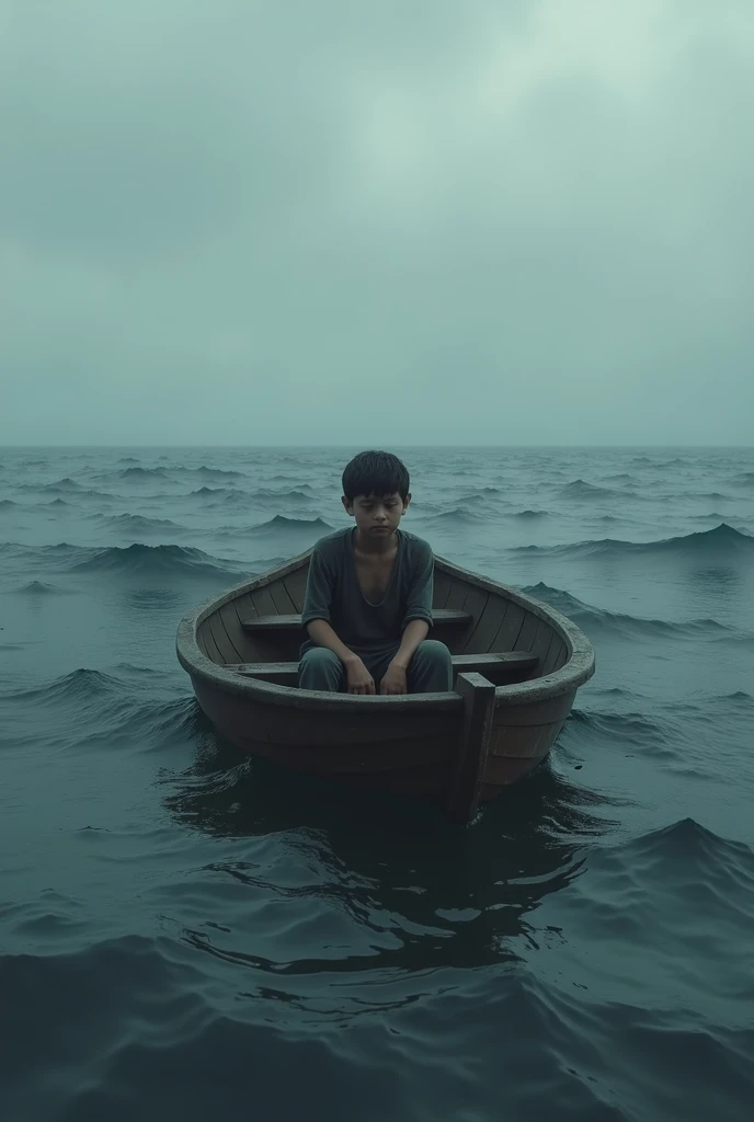 boy sitting sadly in a small boat in the middle of an ocean