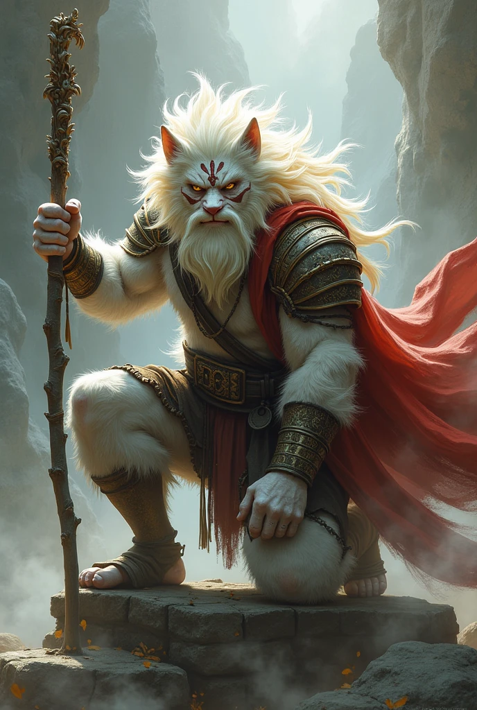 Chinese mythology character, Black myth Wukong, human face, white beard, human body covered with white fur, The warrior is crouching on a pedestal, holding a long, ornate staff in one hand. He has fur-covered body, with a mane of wild, golden hair and a fierce, determined expression. His face is painted with tribal markings, and he wears a mix of armor and tattered cloth, with a red cape billowing behind him. The background is misty and atmospheric, with clouds and smoke swirling around, giving the scene a mystical, otherworldly feel. The color palette should inc
