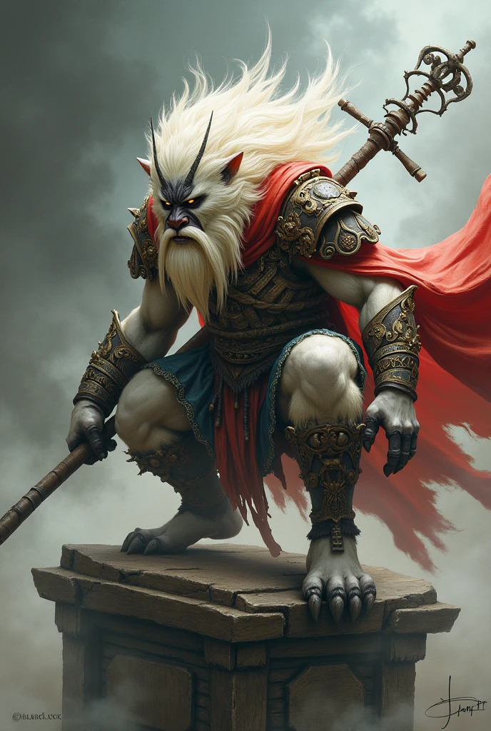 Chinese mythology character, Black myth Wukong, human face, white beard, human body covered with white fur, The warrior is crouching on a pedestal, holding a long, ornate staff in one hand. He has fur-covered body, with a mane of wild, golden hair and a fierce, determined expression. His face is painted with tribal markings, and he wears a mix of armor and tattered cloth, with a red cape billowing behind him. The background is misty and atmospheric, with clouds and smoke swirling around, giving the scene a mystical, otherworldly feel. The color palette should inc