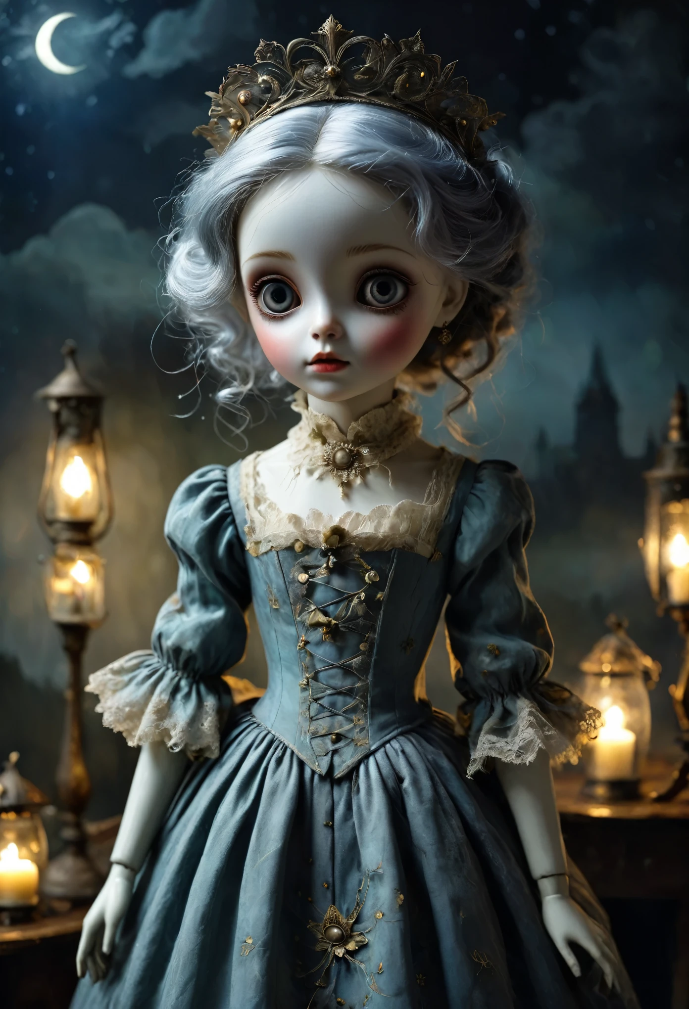 Vibrant, analog photo style, depths of field, (cute woman with big doll's eyes, messy grey hair, surrounded by a dark horrible antique setting), (don't be afraid of the night, be afraid of those you might meet at night), (her full body is a visual pleasure), extremely sexy, gloomy dark atmosphere, deep shadows with the some sun rays, a delicate balance between beauty and darkness, faded colours, great quality, Masterpiece, blurred gloomy background, naturally cinematic light, 16k quality, kodak porta 400, bokeh.