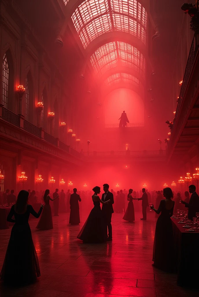 huge, a very large gothic ballroom, filled with red light, with high glass ceilings. The hall is scary and gloomy, inside him dance the dark and gloomy, but beautiful, people in long dresses or suits. There are small round tables at the edges., with an abundance of glasses of wine. Many people dance the waltz in pairs on a large dance floor in the middle. There is a beautiful balcony at the very end of the hall., On it stands the host of the ball, shrouded in darkness and watching the celebration. Some people are holding glasses in their hands. 