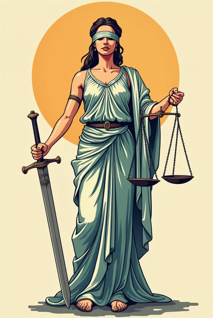 Goddess Themis with a sword in her left hand and the scales of justice in her right hand and blindfolded simple color drawing