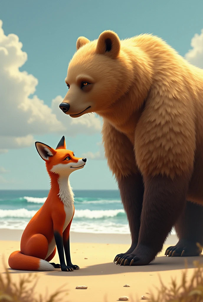 a female fox next to a male bear on a beach